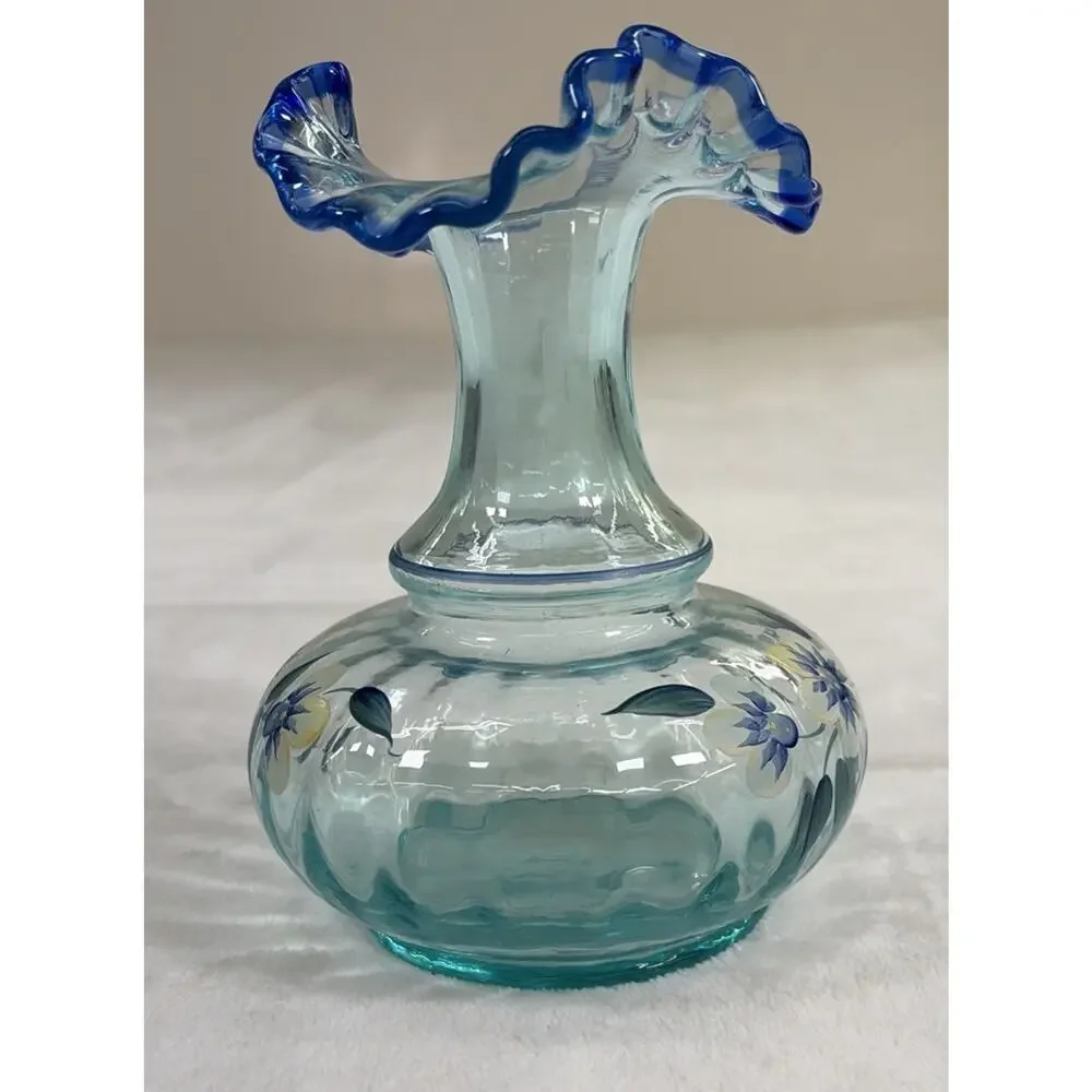 Fenton Vase Cobalt and Aqua Tranquility Hand Painted By DK Brightbill 6.25